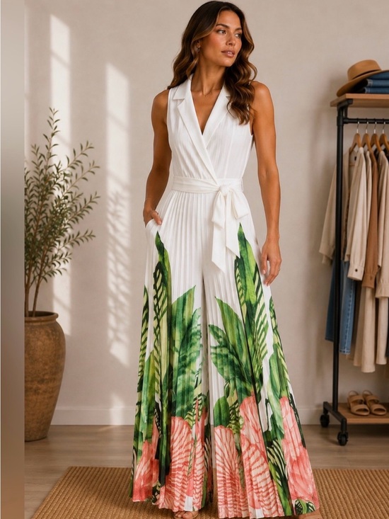 Pants - Sleeveless White Wrap Maxi Jumpsuit with Tropical Print wide leg